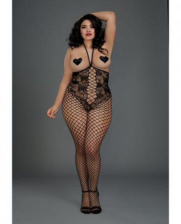 Open Cup Open Crotch Bodystocking Knitted Lace Teddy Black Qn