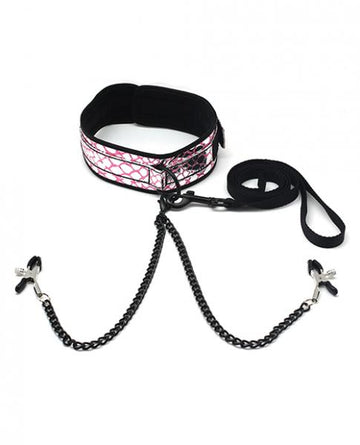 Spartacus Faux Leather Collar, Leash Black Nipple Clamps Pink