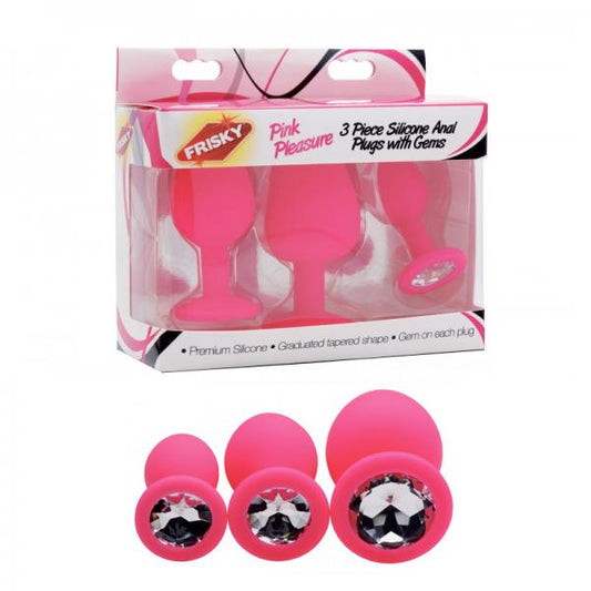 Frisky Pink Pleasure 3 Pc Silicone Anal Plugs W/ Gems