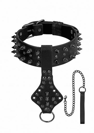 Ouch! Skulls &amp; Bones Neck Chain with Spikes And Leash Black